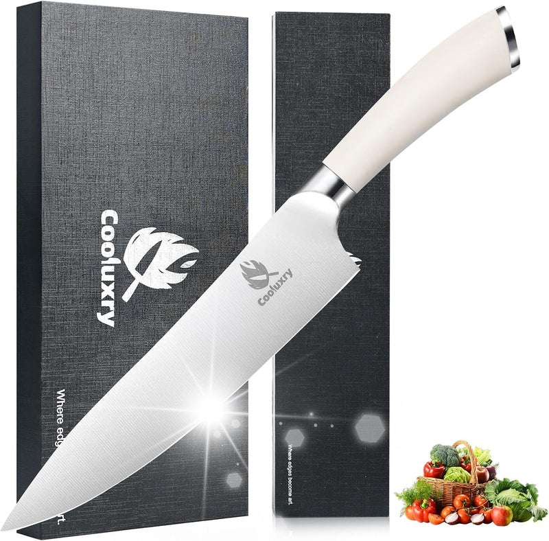 Cooluxry Professional White Chef Knife - 8 Inch High Carbon Stainless Steel Kitchen Knife with Ergonomic White Handle for Precise Cutting - Image 1